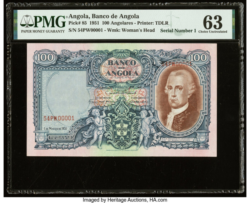 Serial Number 1 Angola Banco De Angola 100 Angolares 1.3.1951 Pick 85 PMG Choice...