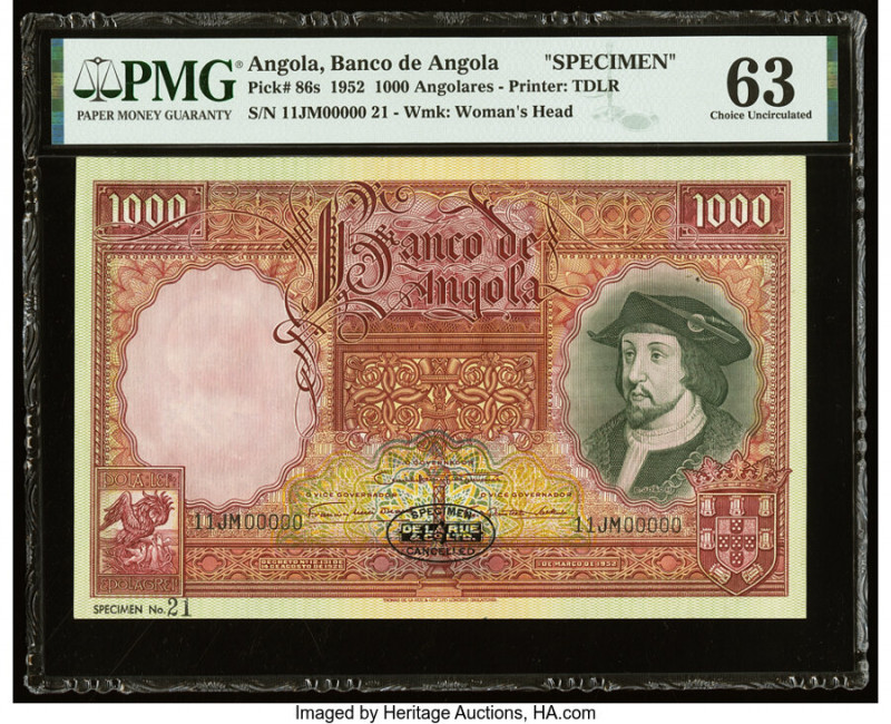 Angola Banco De Angola 1000 Angolares 1.3.1952 Pick 86s Specimen PMG Choice Unci...