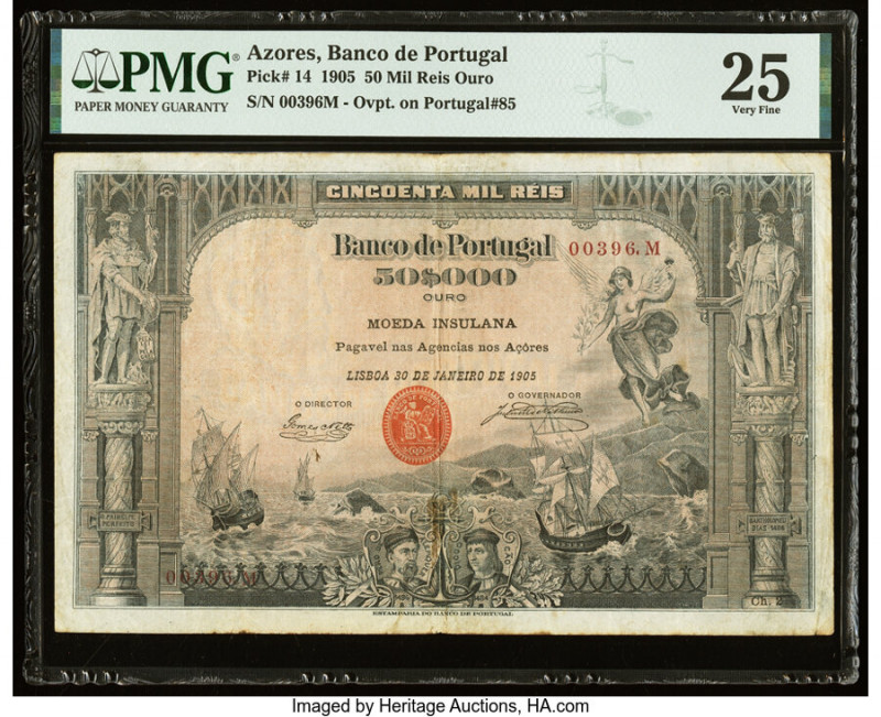 Azores Banco de Portugal 50 Mil Reis Ouro 30.1.1905 Pick 14 PMG Very Fine 25. Al...