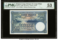 Belgian Congo Banque du Congo Belge 20 Francs 10.9.1940 Pick 15 PMG About Uncirculated 53. Beautiful coloration and jungle scenes adorn both sides of ...