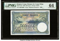 Belgian Congo Banque du Congo Belge 20 Francs 18.5.1949 Pick 15G PMG Choice Uncirculated 64. Colorful design elements are the hallmark of this stunnin...