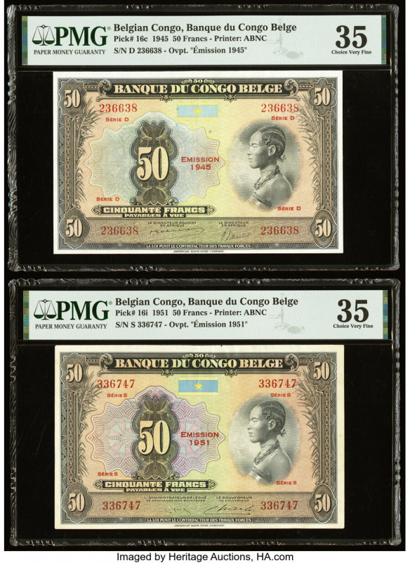 Belgian Congo Banque du Congo Belge 50 Francs 1945; 1951 Pick 16c; 16i Two Examp...