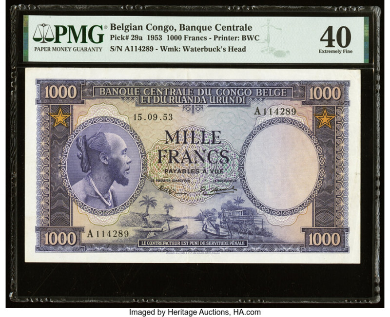 Belgian Congo Banque Centrale du Congo Belge 1000 Francs 15.09.1953 Pick 29a PMG...