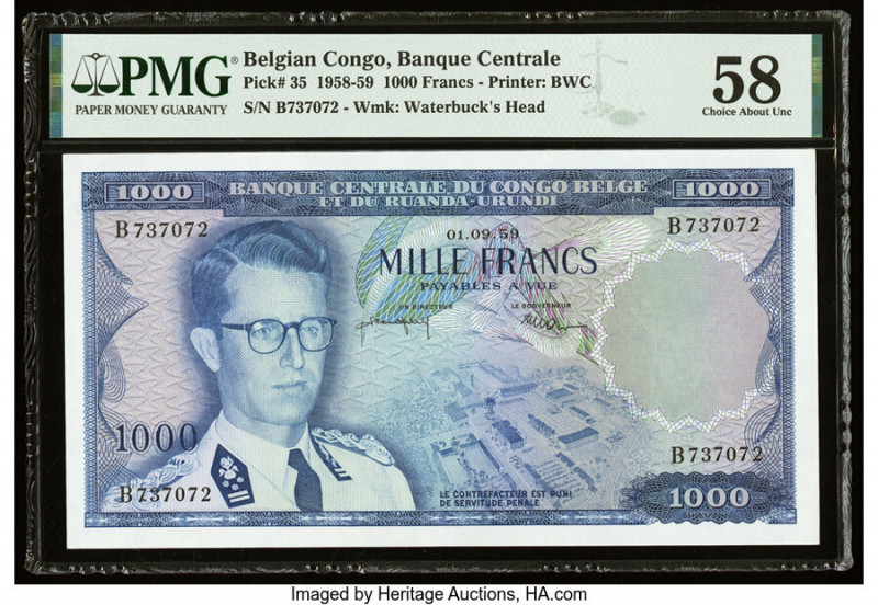 Belgian Congo Banque Centrale du Congo Belge 1000 Francs 1.9.1959 Pick 35 PMG Ch...