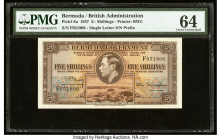 Bermuda Bermuda Government 5 Shillings 12.5.1937 Pick 8a PMG Choice Uncirculated 64. Only 240,000 notes were printed with a solid letter prefix, makin...
