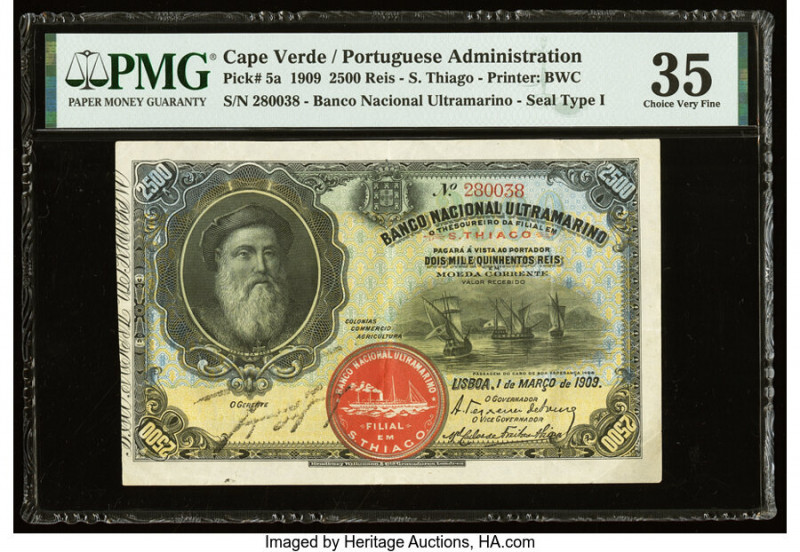 Cape Verde Banco Nacional Ultramarino 2500 Reis 1.3.1909 Pick 5a PMG Choice Very...