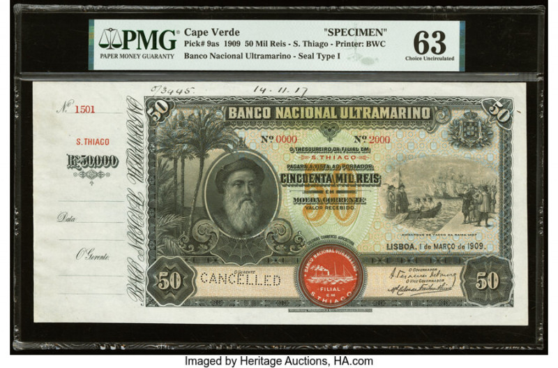 Cape Verde Banco Nacional Ultramarino 50 Mil Reis 1.3.1909 Pick 9as Specimen PMG...