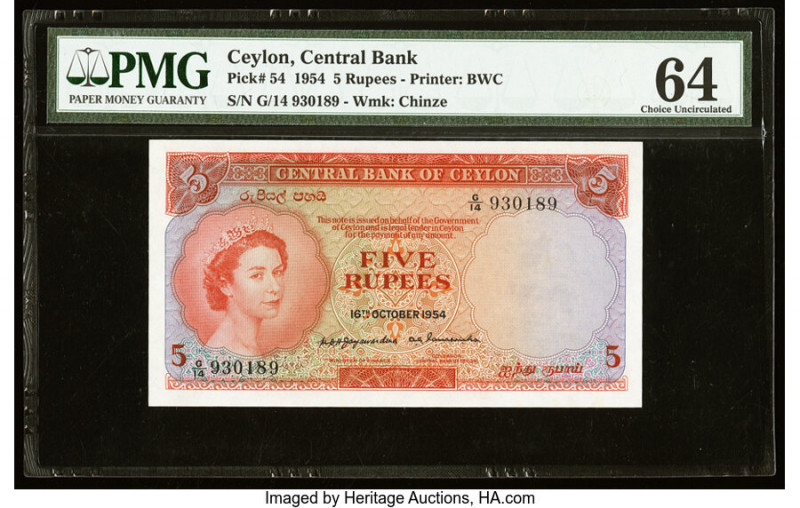 Ceylon Central Bank of Ceylon 5 Rupees 16.10.1954 Pick 54 PMG Choice Uncirculate...