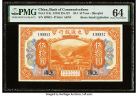 China Bank of Communications, Shanghai 50 Yuan 1.10.1914 Pick 119c S/M#C126-123 PMG Choice Uncirculated 64. An impressive vignette of trains and a six...