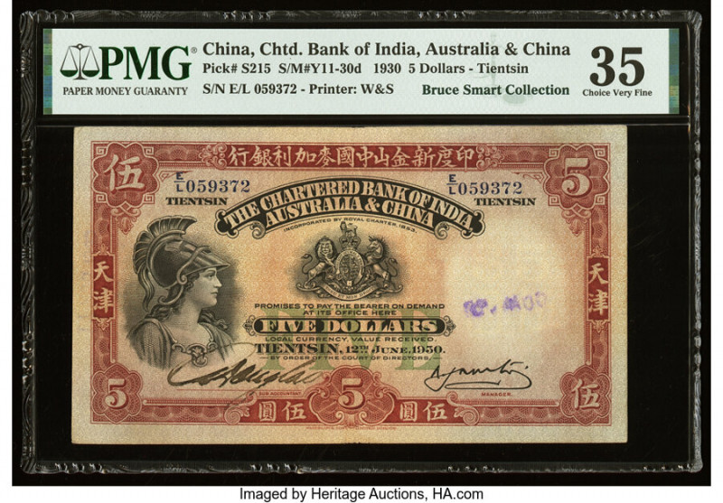 China Chartered Bank of India, Australia & China, Tientsin 5 Dollars 12.6.1930 P...