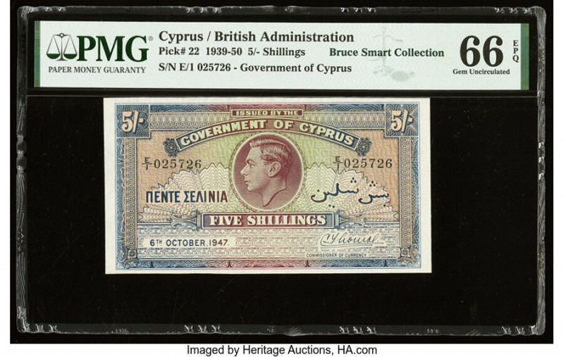 Cyprus Central Bank of Cyprus 5 Shillings 6.10.1947 Pick 22 PMG Gem Uncirculated...
