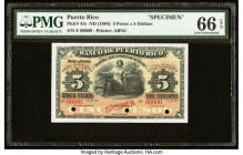 Puerto Rico Banco De Puerto Rico 5 Pesos = 5 Dollars ND (1904) Pick 41s Specimen PMG Gem Uncirculated 66 EPQ. This outstanding Specimen represents the...