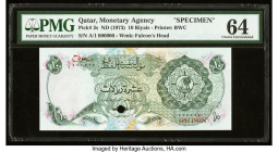 Qatar Qatar Monetary Agency 10 Riyals ND (1973) Pick 3s Specimen PMG Choice Uncirculated 64. A rare 10 Riyals Specimen from the first Monetary Agency ...