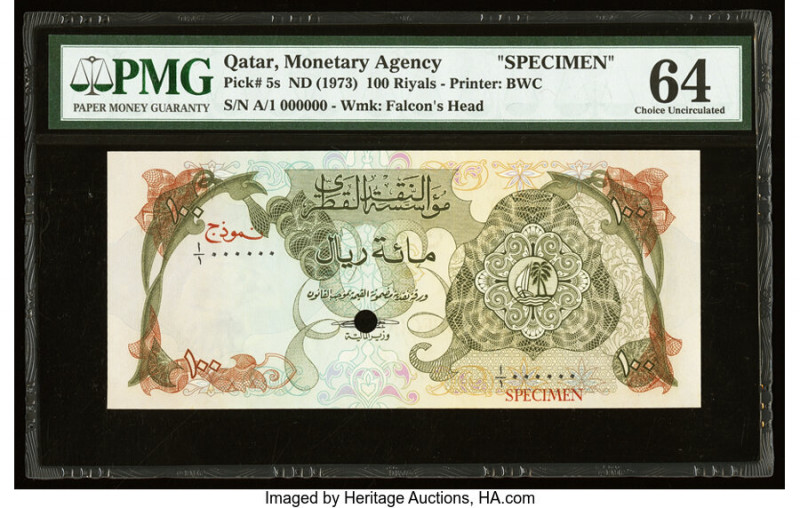Qatar Qatar Monetary Agency 100 Riyals ND (1973) Pick 5s Specimen PMG Choice Unc...