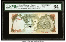 Qatar Qatar Monetary Agency 100 Riyals ND (1973) Pick 5s Specimen PMG Choice Uncirculated 64. A gorgeous 100 Riyals Specimen from the first Monetary A...