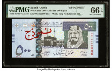 Saudi Arabia Saudi Arabian Monetary Agency 500 Riyals 2007 / AH1428 Pick 36as Specimen PMG Gem Uncirculated 66 EPQ. Prefix 001 and solid zero serial n...
