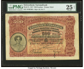 Switzerland National Bank 500 Franken 1.1.1917 Pick 7c PMG Very Fine 25 Net. An impressively rare, large format high denomination issue prepared by Wa...
