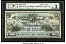 Venezuela Banco de Maracaibo 100 Bolivares 188x (ca. 1889) Pick S202s Specimen PMG About Uncirculated 53. A splendid ABNC Specimen printed for the pri...