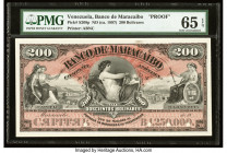 Venezuela Banco de Maracaibo 200 Bolivares ND (ca. 1897) Pick S208p Proof PMG Gem Uncirculated 65 EPQ. This handsome, high denomination Proof is a des...
