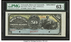 Venezuela Banco de Venezuela 50 Bolivares ND (ca. 1897) Pick S272s Specimen PMG Choice Uncirculated 63 EPQ. Fresh, original paper is seen on this exce...