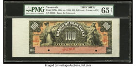 Venezuela Banco de Venezuela 100 Bolivares 189x (ca. 1900) Pick S273s Specimen PMG Gem Uncirculated 65 EPQ. The 100 Bolivares of this series is very r...