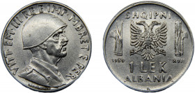 ALBANIA Vittorio Emanuele III 1939 R 1 LEK STAINLESS STEEL Italian occupation, Rome Mint 7.82g KM# 31