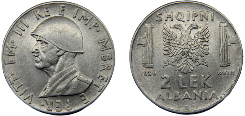 ALBANIA Vittorio Emanuele III 1939 R 2 LEK ACMONITAL Italian occupation, Rome Mi...