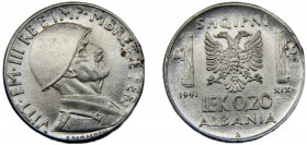 ALBANIA Vittorio Emanuele III 1941 R 0.20 LEK STAINLESS STEEL Italian occupation, Rome Mint 3.99g KM# 29