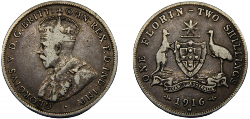 AUSTRALIA George V 1916 1 FLORIN SILVER Melbourne Mint, M 11.27g KM# 27