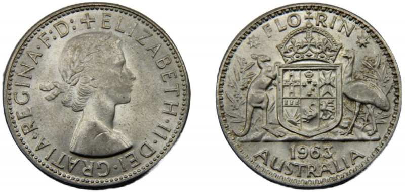 AUSTRALIA Elizabeth II 1963 1 FLORIN SILVER 1st Portrait, with "F:D:" 11.25g KM#...