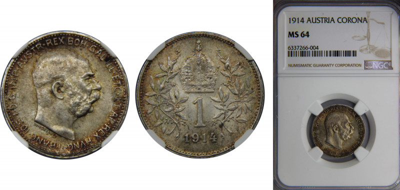 AUSTRIA Franz Joseph I 1914 1 CORONA Silver NGC Imperial crown between laurel sp...