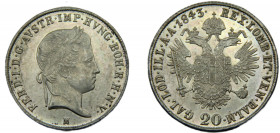 AUSTRIA Ferdinand I 1843 M 20 KREUZER SILVER Empire, Milano Mint 6.68g KM# 2208