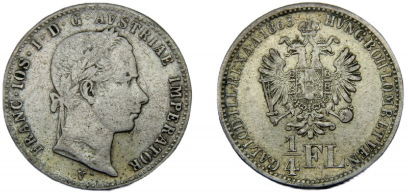 AUSTRIA Franz Joseph I 1863 V ¼ FLORIN SILVER Empire, Venice Mint 5.28g KM# 2214...