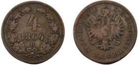 AUSTRIA Franz Joseph I 1864 B 4 KREUZER COPPER Empire, Kremnitz Mint 13.19g KM# 2194