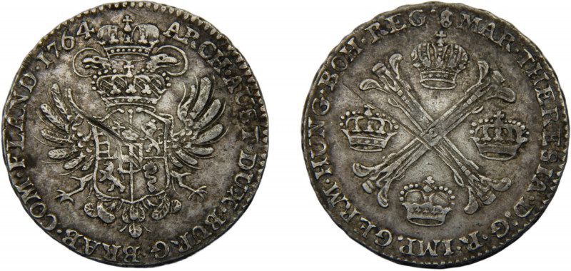 AUSTRIAN NETHERLANDS Maria Theresia 1764 ½ KRONENTHALER SILVER Brussels Mint 14....