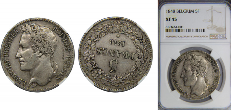 BELGIUM Leopold I 1848 5 FRANCS Silver NGC Patina KM# 3