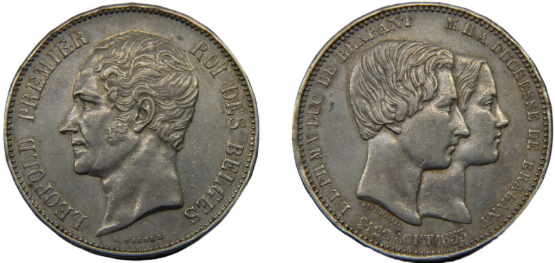 BELGIUM Leopold I 1853 5 FRANCS SILVER Kingdom, Marriage of The Duke(Mintage 320...