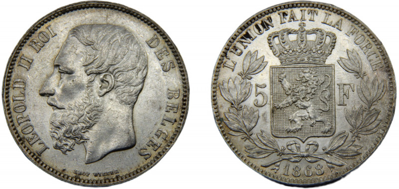 BELGIUM Leopold II 1868 5 FRANCS SILVER Kingdom 25.03g KM# 24