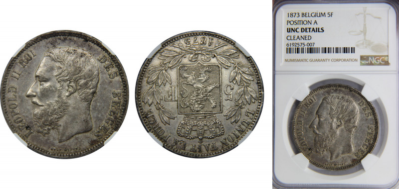 BELGIUM Leopold II 1873 5 FRANCS Silver NGC Position A, Cleaned KM# 24
