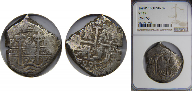 BOLIVIA CHARLES II 1699 8 REALES Silver NGC Potosi F, Two Dates and Assayers, Ni...