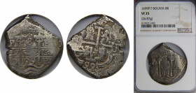BOLIVIA CHARLES II 1699 8 REALES Silver NGC Potosi F, Two Dates and Assayers, Nicely toned KM# 26 CT-388