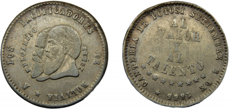 BOLIVIA 1865 1/2 MELGAREJO SILVER Republic 9.56g KM# 145