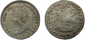 BOLIVIA 1857 PTS FJ 4 SOLES SILVER Republic, Potosi Mint 13.67g KM# 123.2