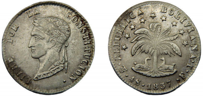 BOLIVIA 1857 PTS FJ 4 SOLES SILVER Republic, Potosi Mint 13.69g KM# 123.2