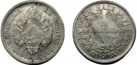 BOLIVIA 1870 PTS ER 1 BOLIVIANO SILVER Republic, Potosi Mint 25.09g KM# 155