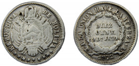 BOLIVIA 1872 PTS FE 10 CENTAVOS SILVER Republic, Potosi Mint 2.26g KM# 153.3