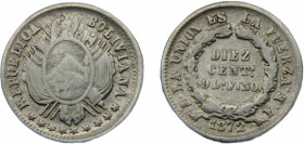 BOLIVIA 1872 PTS FE 10 CENTAVOS SILVER Republic, Potosi Mint 2.31g KM# 158.1