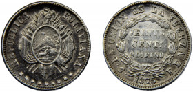 BOLIVIA 1875 PTS FE 20 CENTAVOS SILVER Republic, Potosi Mint 4.57g KM#159.1