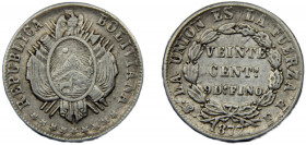 BOLIVIA 1877 PTS FE 20 CENTAVOS SILVER Republic, Potosi Mint 4.58g KM#159.1