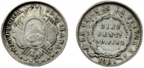 BOLIVIA 1881 PTS FE 10 CENTAVOS SILVER Republic, Potosi Mint 2.2g KM# 158.2